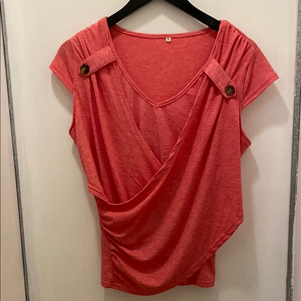Coral Wrap Top with Button Detail